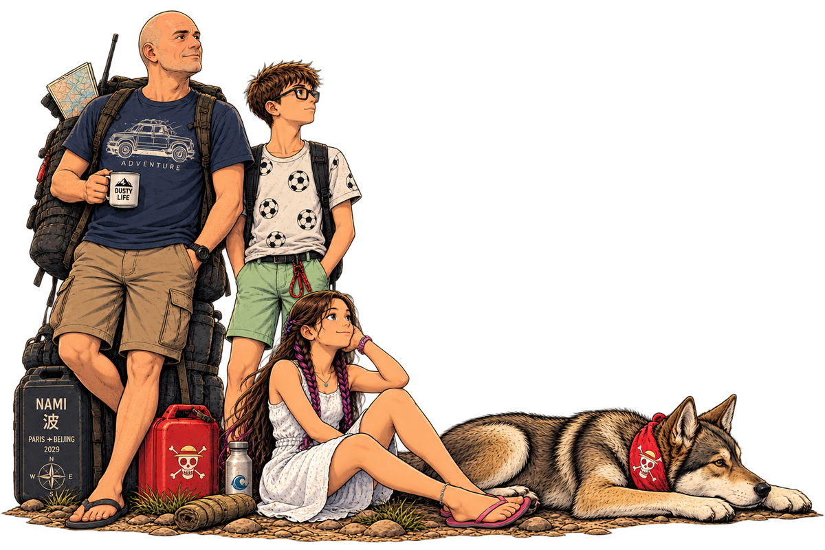 Family illustration next to Nami, the Hilux